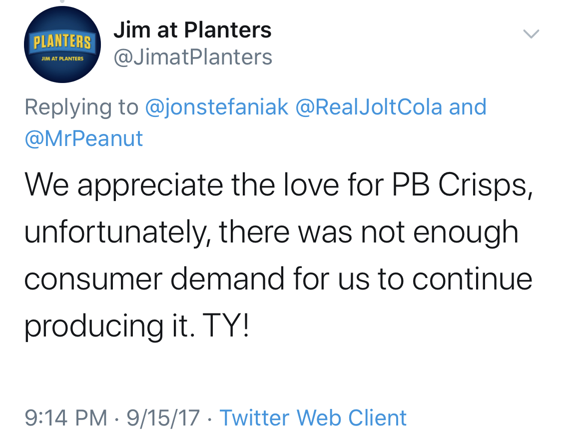 Discontinued Tweet from Jim at Planters