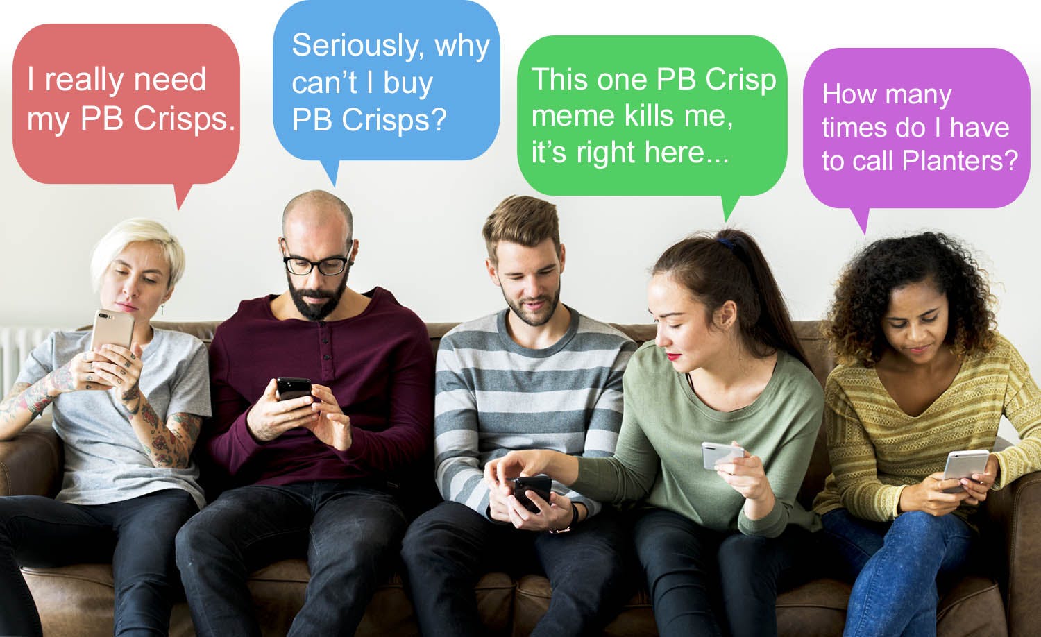 A group of people looking at their phones. Each of them puzzled as to why they cannot purchase PB Crisps.
